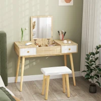 HOMCOM Tocador de Maquillaje con Espejo Abatible 100 cm Mesa de Maquillaje con Taburete Acolchado Cojín Suave Compartimentos y Cajones Patas de Madera Maciza Color Natural(m-10)