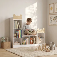 AIYAPLAY Bibliotecă pentru copii, mobilier depozitare 3 în 1 cu bancă, 6 compartimente, 2 rafturi, pernă de șezut, Alb(m-6)