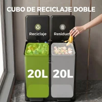 HOMCOM Papelera de Cocina de Acero Inoxidable con 2 Compartimentos 2x20L Pedal Tapas de Cierre Suave y Cubo Extraíble Negro(m-4)