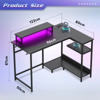 L-förmiger Gaming-Schreibtisch, ergonomischer Monitorhalter, doppelte offene Regale, 122x80x87.5 cm, Schwarz(m-7)