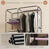 HOMCOM Roupeiro de Tecido Dobrável com 6 Prateleiras 1 Barra de Pendurar e Rodas para Dormitório Vestidor 103x43x162,5 cm Rosa(m-6)