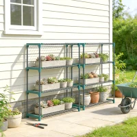 Outsunny Set di 2 Scaffali per Piante a 4 Livelli in Acciaio con Ganci, 90x28x104 cm, Verde(m-2)