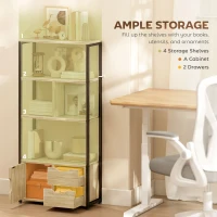 HOMCOM 4-Tier Bookcase, Bookshelf with 1 Cabinet and 2 Drawers for Living Room, Bedroom, Study, Natural Wood(m-4)