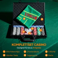Pokerset SPORTNOW - Pokerkoffer met 400 Chips, 2 Kaartspellen, 5 Dobbelstenen, Dealer-Schijf, Speelmat(m-4)