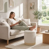 HOMCOM Taburet rotund 38 cm cu husă Sherpa, depozitare și picior metalic cu aspect de lemn, crem(m-2)