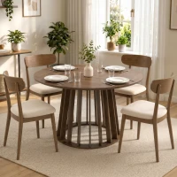 HOMCOM Dining Table for 4-6 People Modern Kitchen Table with Slatted Base 120 cm Round Light Walnut(m-14)