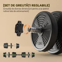 SPORTNOW Set 2 în 1 cu 2 Gantere Convertibile în Halteră, Greutate Totală 30 kg și Discuri de Greutate Reglabile, Negru(m-5)