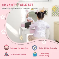ZONEKIZ Set Toeletta Trucco Bambina con Sgabello, Postazione Trucco in Legno con Specchio Rotondo in Acrilico, 2 Scatole Portaoggetti, Design Unicorno, Tavolo Trucco per Bimbi 3-6 Anni, Rosa(m-4)