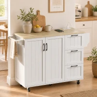 HOMCOM Isla de Cocina con Encimera Extensible Estación de Carga Ruedas 2 Puertas 3 Cajones Especiero y Toallero Blanco(m-9)