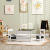 HOMCOM Juego de Mesa con Sillas para Niños 3 en 1 con Pizarra Cajones de Tela y Espacio de Almacenamiento Blanco y Gris(m-10)