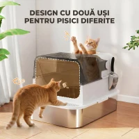PawHut Litieră Închisă pentru Pisici din Oțel Inoxidabil, 52 L, cu Capac Rabatabil, Ușă Dublă și Lopățică, Alb(m-7)