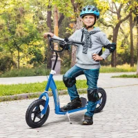 HOMCOM Trottinette enfant patinette pneus 30 cm Hauteur Guidon réglable poignée Frein et béquille Acier pour enfants à partir de 5 ans Bleu(m-10)