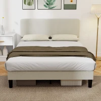 HOMCOM Cadru de Pat 140x200 cm cu Tăblie Tapițată Reglabilă pe Înălțime și Șipci, Catifea Canelată, Gri(m-9)