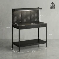 HOMCOM Banco de Trabajo Carga 272 kg 110x60x150 cm con Tableros Perforados Metálicos Toma de Corriente Luces LED Cajones Negro(m-3)