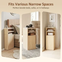 HOMCOM Slim Bedside Table Set of 2, Narrow Bedside Cabinet with Open Cubbies and Cupboard for Bedroom Living Room, Oak(m-7)