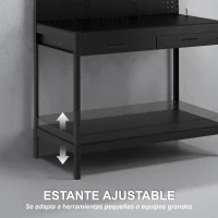 HOMCOM Banco de Trabajo Carga 272 kg 110x60x150 cm con Tableros Perforados Metálicos Toma de Corriente Luces LED Cajones Negro(m-5)