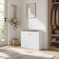 HOMCOM Banco para Sapatos Banco de Arrumação Assento Acolchoado Gaveta Basculante Porta com Padrão 60x26x52,5 cm Branco(m-2)