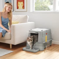 PawHut Litieră pentru Pisici Închisă de 80L cu Tavă Detașabilă, din ABS și Oțel Inoxidabil, 63x43x43 cm, Gri Deschis(m-10)
