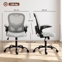 HOMCOM Scaun de birou ergonomic, fotoliu de birou din plasă, brațe rabatabile, înălțime reglabilă, funcție de înclinare, Gri(m-3)