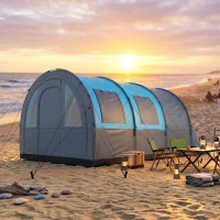 Outsunny Tenda da Campeggio 3 Posti Impermeabile con Zona Notte e Giorno, in Poliestere, 480x260x200 cm, Grigio e Blu(m-9)