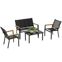 Outsunny Salon de jardin extérieur 4 pièces avec canapé 2 places, 2 chaises et table basse en verre trempé, noir(m-12)