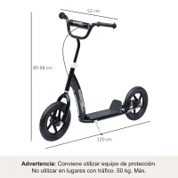 HOMCOM Patinete para Niños de 5-12 Años Scooter de 2 Ruedas Grandes de 12 Pulgadas con Freno y Manillar Ajustable en Altura Carga Máx. 50 kg 120x52x80-88 cm Negro(m-3)