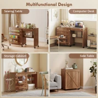 HOMCOM Folding Sewing Table, Rolling Craft Table with Storage compartments, Shelf and Lockable Casters for Small Spaces, Brown(m-6)