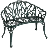 Outsunny Banc de jardin en aluminium moulé, banc extérieur 2 places avec dossier tulipe, assise florale, 99x57x78cm, vert antique(m-1)
