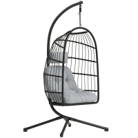 Outsunny Fauteuil Œuf Suspendu Pliable avec Support Coussin 15cm et Appui-tête Gain de Place Résine Tressée 101x105x196cm Gris