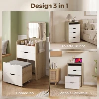 HOMCOM Toeletta 3 in 1 con Specchio Ribaltabile, Sgabello e Cassetti, Rovere e Bianco(m-4)