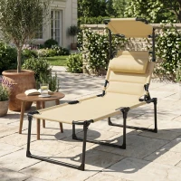 Outsunny Tumbona de Jardín con Toldo Ajustable Respaldo Regulable en 4 Niveles Reposacabezas para Terraza 70x200x45 cm Crema(m-9)