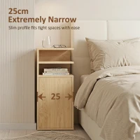 HOMCOM Slim Bedside Table Set of 2, Narrow Bedside Cabinet with Open Cubbies and Cupboard for Bedroom Living Room, Oak(m-4)