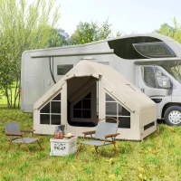 Outsunny Inflatable Camping Tent with Pump, Stove Jack Hole, Easy Setup 2-4 Person Family Blow Up Tent, Waterproof Glamping Luxury Inflatable Tent, Mesh Windows, Doors, Hook, Carry Bag, Beige(m-10)