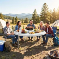 Outsunny Masă de Camping Rotundă Pliabilă, din Metal și HDPE, 120x120x74 cm, Alb(m-10)