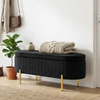 HOMCOM Bancă de Depozitare Ovală 72L cu Capac Rabatabil, din Catifea și Lemn, 108 x 44 x 43,5 cm, Negru(m-10)