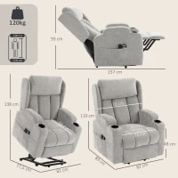 HOMCOM Elektrischer Aufstehsessel mit Massage und Heizung, Elektrischer Relaxsessel aus Chenille, Klappbares Kopfteil, Hellgrau(m-3)