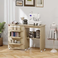 HOMCOM Mesa de costura dobrável móvel de costura com tampo rebatível, compartimentos de arrumação, prateleira aberta e rodízios, madeira natural(m-6)