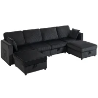 HOMCOM Canapea colț 4 locuri formă U cu ottoman cu depozitare, colțar 306 cm cu aspect cord, 4 perne, pentru living(m-1)