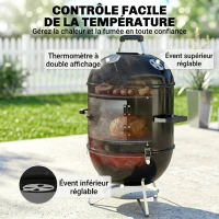 Outsunny Fumoir 3 en 1 avec 3 Grilles de Cuisson, Thermomètre Intégré, Ventilation Réglable, 62,5x47,5x91cm, Noir(m-6)