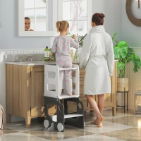 AIYAPLAY Scară Montessori 4 în 1 pentru Copii cu 2 Table și Set Masă cu Scaun, din Lemn, 58x46x92 cm, Alb(m-2)
