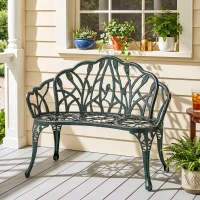 Outsunny Banc de jardin en aluminium moulé, banc extérieur 2 places avec dossier tulipe, assise florale, 99x57x78cm, vert antique(m-16)