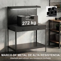 HOMCOM Banco de Trabajo Carga 272 kg 110x60x150 cm con Tableros Perforados Metálicos Toma de Corriente Luces LED Cajones Negro(m-8)
