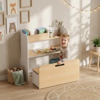 AIYAPLAY Mesa Infantil com Banco 5 em 1 Conjunto Infantil com Estante Banco Baú Infantil com Rodízios e Caixa de Arrumação para 3-8(m-2)