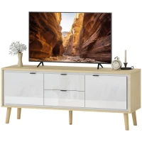 HOMCOM Mueble de TV Moderno de 2 Puertas 2 Cajones Orificios y Estantes Extraíbles 120x35x50 cm Blanco Brillo y Roble(m-11)