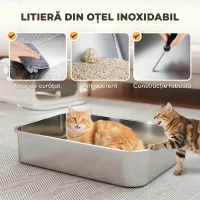 PawHut Litieră Închisă pentru Pisici din Oțel Inoxidabil, 52 L, cu Capac Rabatabil, Ușă Dublă și Lopățică, Alb(m-4)