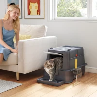 PawHut Litieră Închisă pentru Pisici de 80L cu Tavă Detașabilă, din ABS și Oțel Inoxidabil, 63x43x43 cm, Gri Închis(m-10)