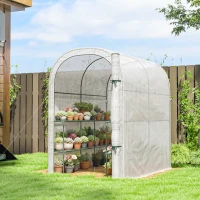 Outsunny Serre de jardin avec étagères, 123x187x189cm, petite serre avec porte enroulable, bâche PE haute densité 140 g/m², blanc(m-2)