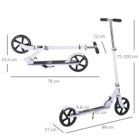 HOMCOM Trottinette Pliable Hauteur Guidon réglable sur 4 Niveaux système de freinage arrière pour enfant adolescent pois max. 100KG dim. 88L x 37l x 75-100H cm Blanc(m-3)