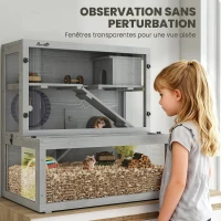 PawHut Cage Hamster en Bois, 3 Niveaux avec Cabane, Roue, Rampes, Panneau Transparent, Espaces Séparés, 80x50x84cm, Gris(m-6)