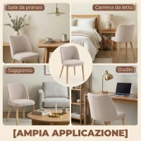 HOMCOM Set di 2 Sedie da Pranzo in Tessuto Effetto Lino e Legno di Caucciù, Seduta Imbottita, Schienale Curvo, Crema(m-8)
